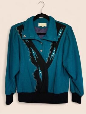 Vintage N7 Chung Yip Turquoise Wool Blend Statement Popover Jacket Womens S M
